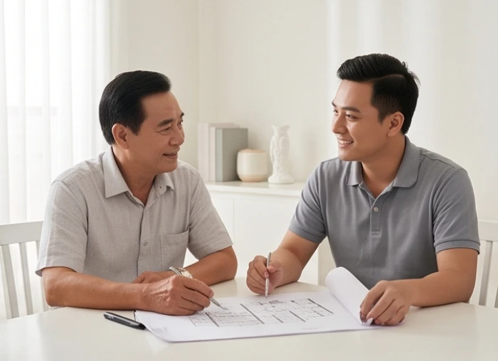 Hai cha con cùng bàn bạc vui vẻ về kế hoạch sửa chữa nhà cửa thể hiện sự hòa hợp tương sinh
