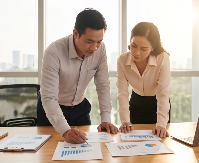 Hai doanh nhân thảo luận chiến lược hợp tác làm ăn phù hợp ngũ hành tương sinh cho tuổi Nhâm Dần 1962