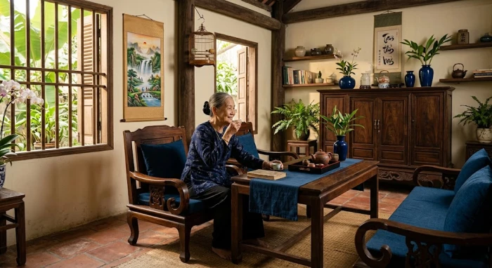 Không gian phòng khách thư thái với nội thất gỗ và tranh thác nước chuẩn phong thủy cho tuổi nhâm ngọ 1942