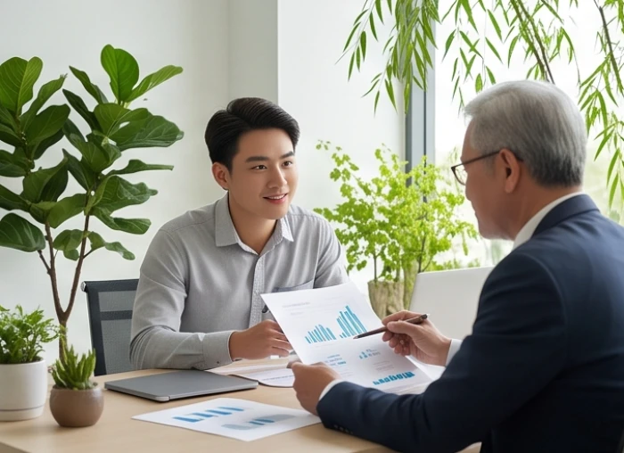 Doanh nhân trẻ tuổi Nhâm Ngọ thảo luận cùng cố vấn giàu kinh nghiệm trong không gian làm việc xanh