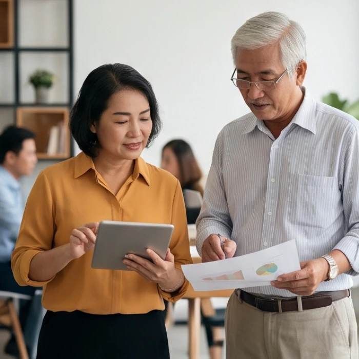 Hai cộng sự trẻ thảo luận về định hướng công việc minh họa sự khác biệt giữa thế hệ nhâm ngọ và canh ngọ