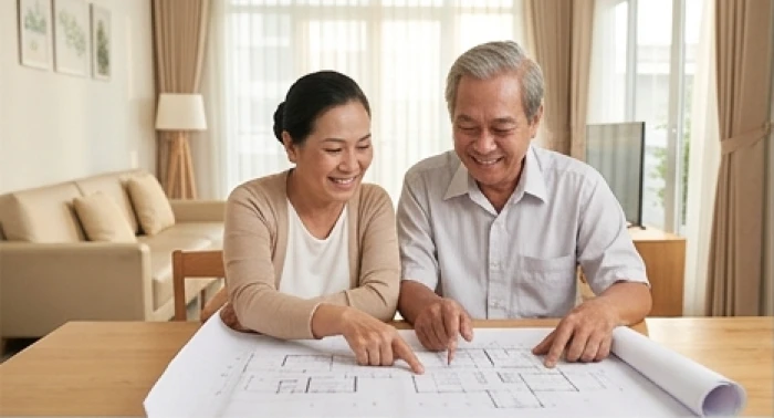 Vợ chồng gia chủ tuổi Nhâm Thìn 1952 cùng ngắm bản vẽ thiết kế ngôi nhà hướng cát đón sinh khí