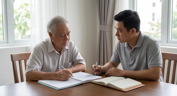 Người lớn tuổi sinh năm 1952 trao đổi sổ sách gia đình hòa thuận cùng con cháu mệnh Kim và Mộc