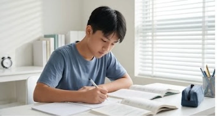 Học sinh tuổi nhâm thìn 2012 chăm chỉ tự học tại bàn trong không gian yên tĩnh và đủ ánh sáng