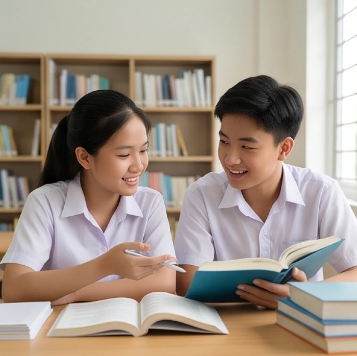 Hai học sinh chia sẻ tài liệu ôn tập và giảng bài cho nhau cực kỳ chú tâm tại thư viện trường