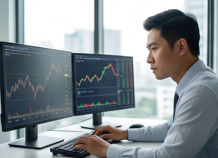 Chuyên viên tài chính ngân hàng tuổi Nhâm Thìn phân tích biểu đồ biến động thị trường trên đa màn hình