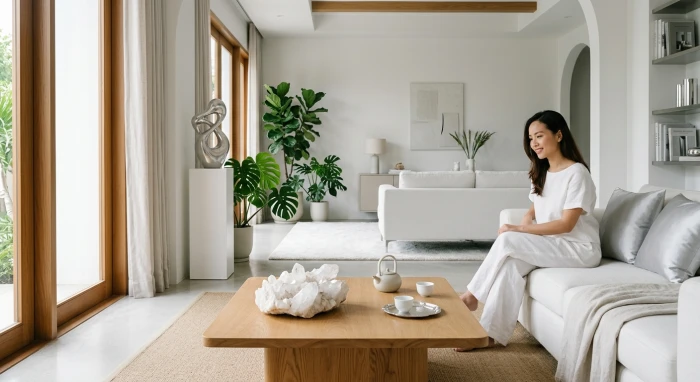 Thiết kế không gian sống hợp phong thủy với nội thất màu trắng và xám bạc dành cho tuổi nhâm tuất 1982