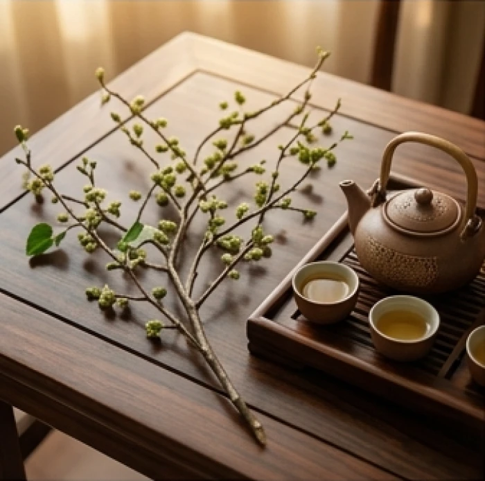 Cành lá dâu tằm Tang Đố Mộc tượng trưng cho bản mệnh của người sinh năm Nhâm Tý bên trà cụ truyền thống