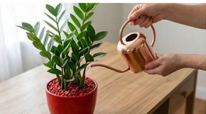 Bàn tay đang cầm bình tưới mini nhỏ giọt lượng nước vừa đủ vào chậu cây kim tiền trên bàn làm việc