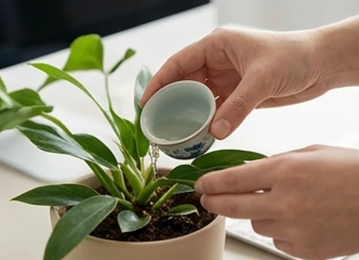 Động tác dùng chén nhỏ rót một lượng nước vừa đủ vào sát gốc cây mini trong phòng điều hòa