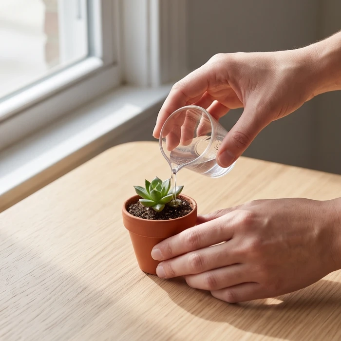 Bàn tay cẩn thận dùng một chiếc cốc đong nhỏ để rót nước từ từ vào sát gốc cây cảnh
