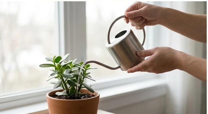 Bàn tay cẩn thận rót lượng nước vừa đủ từ bình tưới nhỏ vào gốc chậu cây để bàn trong văn phòng