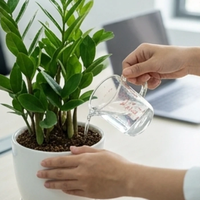 Cốc đong nước nhỏ tưới chính xác vào gốc cây cảnh đặt trên bàn trong không gian văn phòng điều hòa