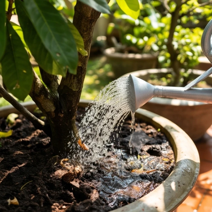 Dòng nước mát lành đang tưới đẫm vào gốc cây cảnh trồng trong chiếc chậu gốm cỡ lớn