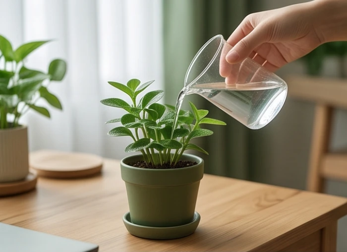 Bàn tay đang nhẹ nhàng tưới nước cho chậu cây cảnh đặt trên bàn làm việc bằng gỗ tự nhiên