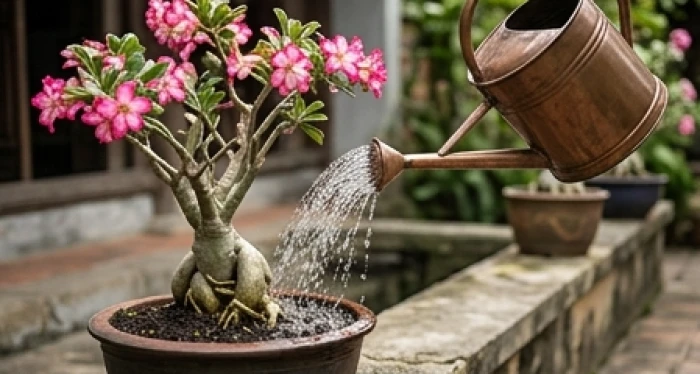 Dòng nước sạch được tưới nhẹ nhàng vào sát gốc chậu cây hoa sứ đường kính 40cm trong khu vườn vào sáng sớm