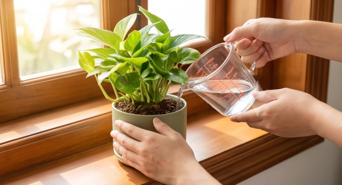 Cốc đong chuyên dụng chứa 150 ml nước tưới nhẹ nhàng vào sát gốc chậu cây phong thủy đặt cạnh cửa sổ