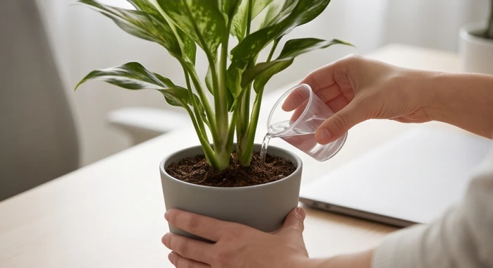 Đôi tay cầm cốc đong nhỏ đang từ từ tưới nước sạch vào gốc chậu cây xanh đặt trên bàn