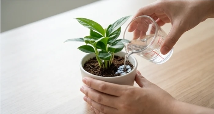 Thao tác dùng cốc chia độ đổ lượng nước 50ml nhẹ nhàng xung quanh rìa chậu cây kim tiền đặt trên bàn