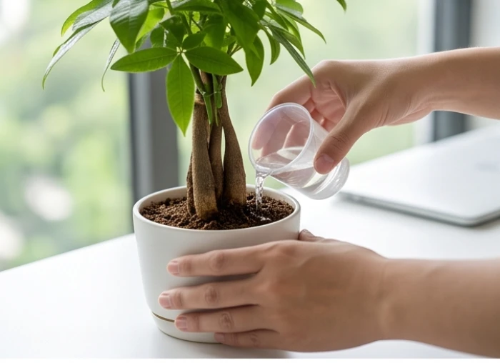 Tay cầm chiếc cốc đong nhỏ cẩn thận rót lượng nước vừa đủ vào sát gốc chậu cây để trên bàn văn phòng