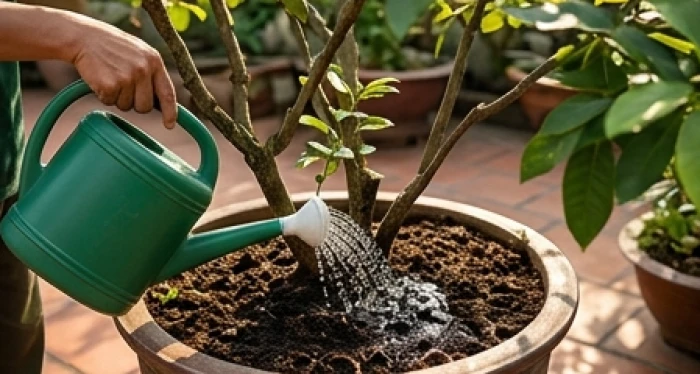 Người làm vườn tưới nước đẫm vào tận gốc cây chậu ngoài sân vào sáng sớm khi ánh nắng mới lên nhẹ nhàng
