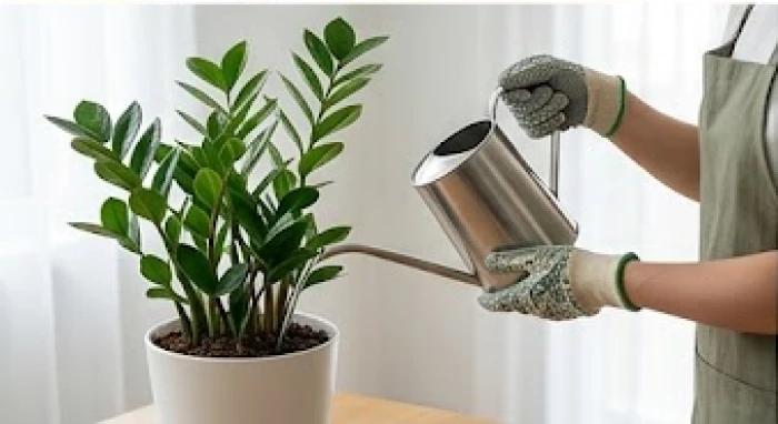 Người đeo găng tay bảo hộ dùng bình vòi thon châm nước từ từ vào chính gốc chậu cây kim tiền nội thất