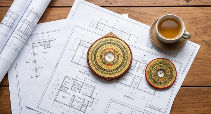Bản vẽ thiết kế nhà ở được đặt ngay ngắn cạnh la kinh phong thủy và tách trà mạn truyền thống