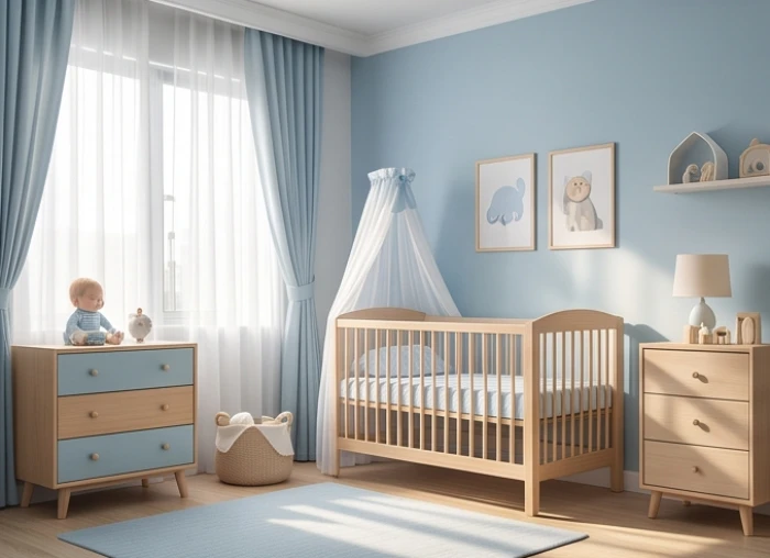 Không gian phòng ngủ của trẻ em được trang trí với tông màu xanh nhạt mang đặc trưng của hành Thủy