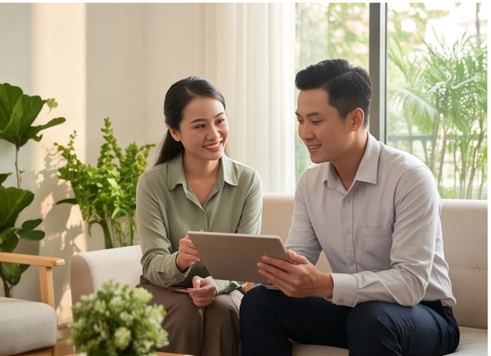 Đối tác sinh năm Quý Hợi 1983 cùng quản lý Giáp Tý thảo luận giải pháp cân bằng nội bộ và vận hành văn phòng