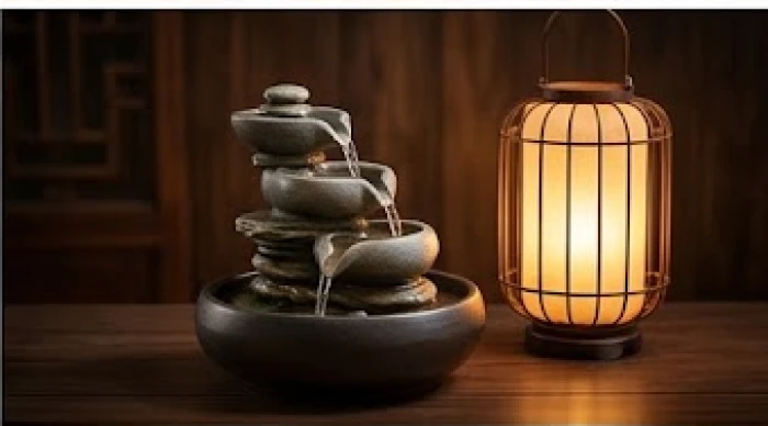 Sự kết hợp giữa thác nước phong thủy mini và đèn lồng ấm áp tượng trưng cho Thủy và Hỏa giao hòa