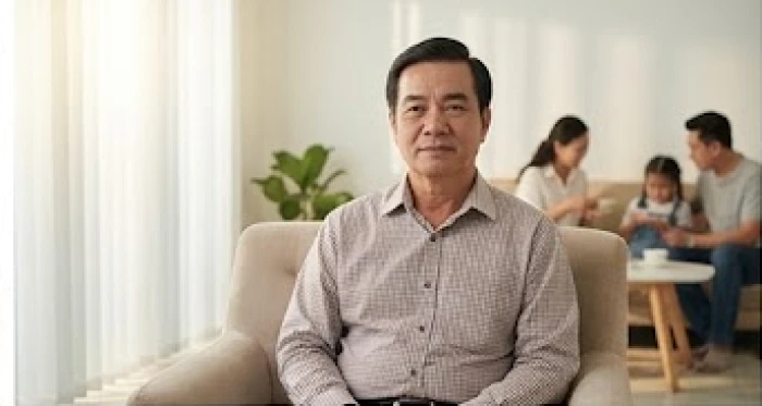 Người cha tuổi Quý Mão 1963 ngồi điềm tĩnh quan sát và lắng nghe các thành viên trong gia đình trò chuyện