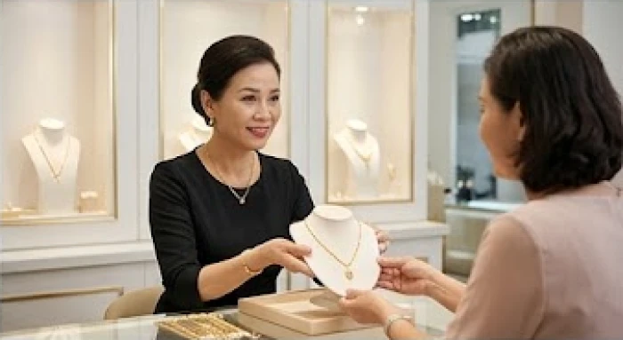 Nữ chủ nhân cửa hàng kim hoàn sang trọng đang tư vấn trang sức cho một khách hàng nữ