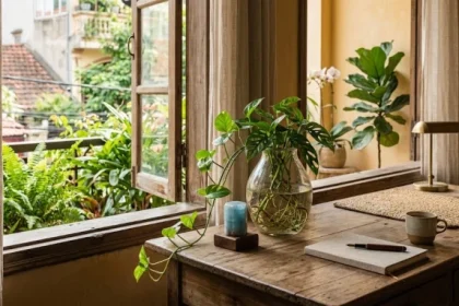 Không gian làm việc phong thủy với cây thủy sinh và đá xanh dương phù hợp cho người tuổi quý mùi 2003