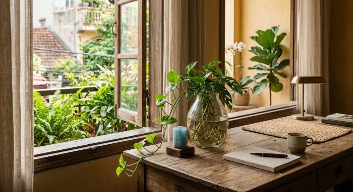 Không gian làm việc phong thủy với cây thủy sinh và đá xanh dương phù hợp cho người tuổi quý mùi 2003