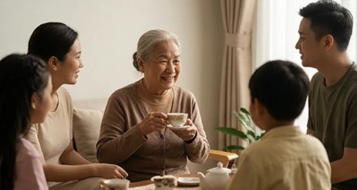 Người lớn tuổi thảnh thơi uống trà cùng con cháu trong không gian gia đình ấm cúng