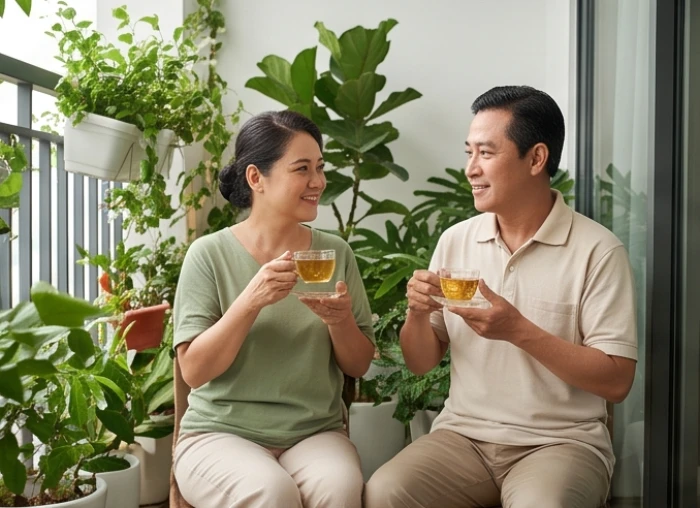 Vợ chồng tuổi Quý Sửu 1973 mệnh Mộc thưởng trà chiều bình yên trong không gian ngập tràn sắc xanh