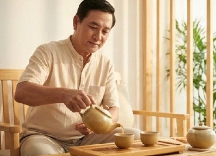 Người đàn ông trung niên tuổi Quý Sửu điềm tĩnh thưởng trà tại phòng khách gia đình