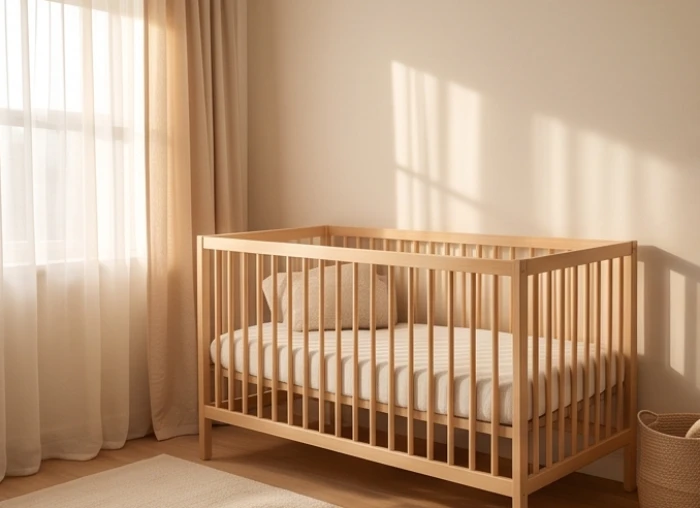 Không gian phòng ngủ ấm cúng cho bé với nôi gỗ tự nhiên và ánh sáng dịu nhẹ mang lại cát khí bình an