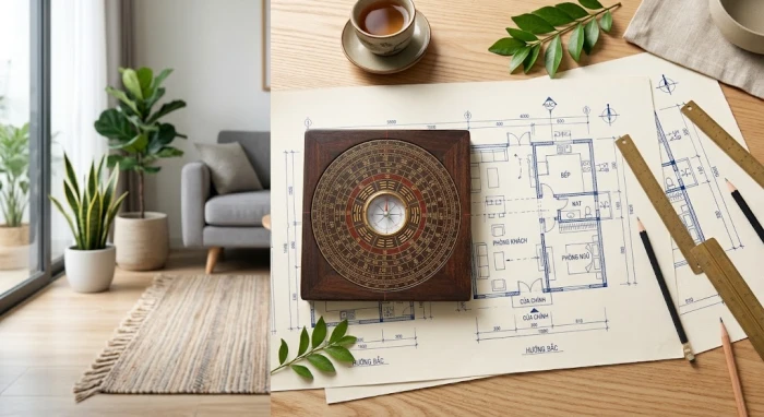 Bản vẽ kiến trúc và la bàn phong thủy giúp xác định tuổi sửu hợp hướng nào
