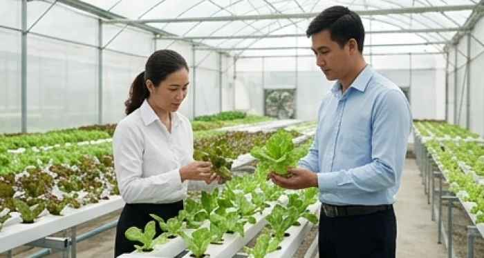 Cộng sự tuổi Sửu và tuổi Tỵ kiểm tra mô hình canh tác nông nghiệp công nghệ cao trong nhà kính