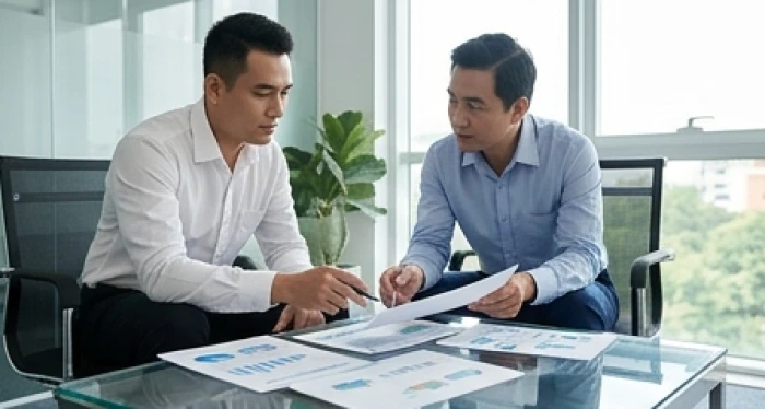 Hai đối tác tuổi Sửu và tuổi Tý cùng nhau thảo luận chiến lược mở rộng kinh doanh tại phòng làm việc hiện đại