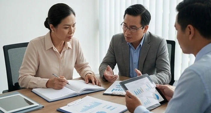 Hai cổ đông tranh luận căng thẳng về định giá sản phẩm và chi tiêu quỹ chung trong cuộc họp hội đồng quản trị