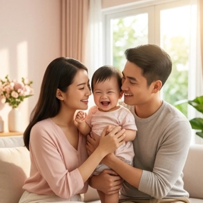 Gia đình nhỏ tuổi Sửu tràn ngập niềm vui bên con cái trong không gian phòng khách ngập tràn ánh sáng tự nhiên