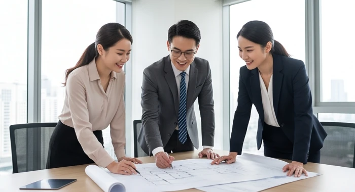 Ba đối tác thảo luận hợp đồng kinh doanh tượng trưng cho sự gắn kết tam hợp thân tý thìn