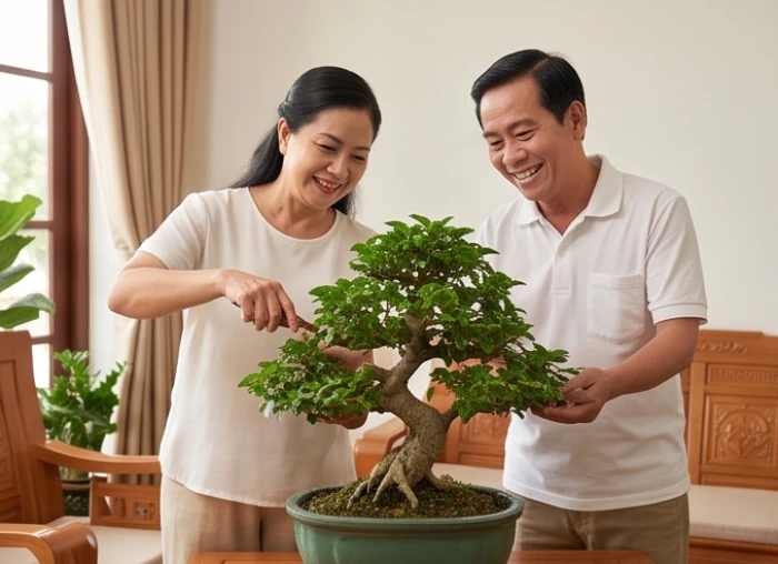 Vợ chồng tuổi Tân Dậu mệnh Thạch Lựu Mộc chăm sóc chậu cây cảnh xanh tốt trong phòng khách.