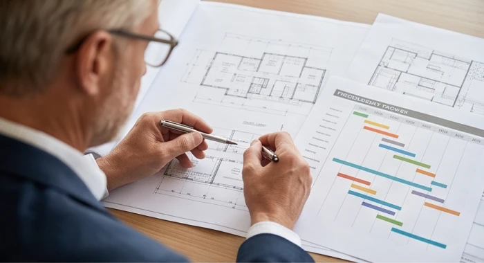 Chuyên gia làm việc tập trung với sự tỉ mỉ và nguyên tắc cao độ khi kiểm tra bản kế hoạch dự án chi tiết trên bàn