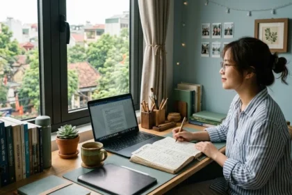 Góc học tập chuẩn phong thủy với tông màu xanh dương và xanh lá giúp học sinh tuổi tân mão 2011 tăng cường sự tập trung