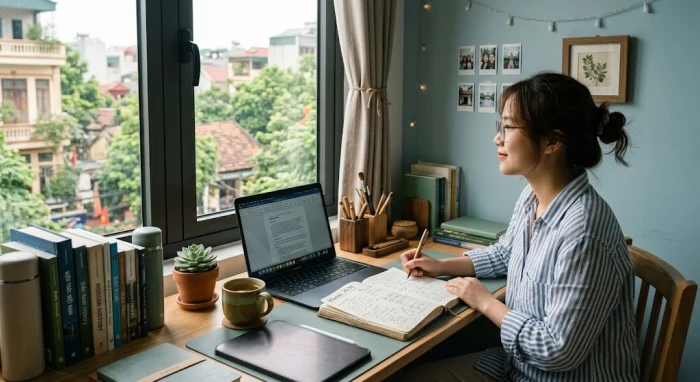Góc học tập chuẩn phong thủy với tông màu xanh dương và xanh lá giúp học sinh tuổi tân mão 2011 tăng cường sự tập trung