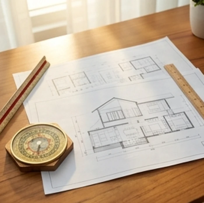 Bản vẽ thiết kế ngôi nhà mới cùng la bàn phong thủy đặt trên bàn làm việc bằng gỗ của gia chủ tuổi 1961