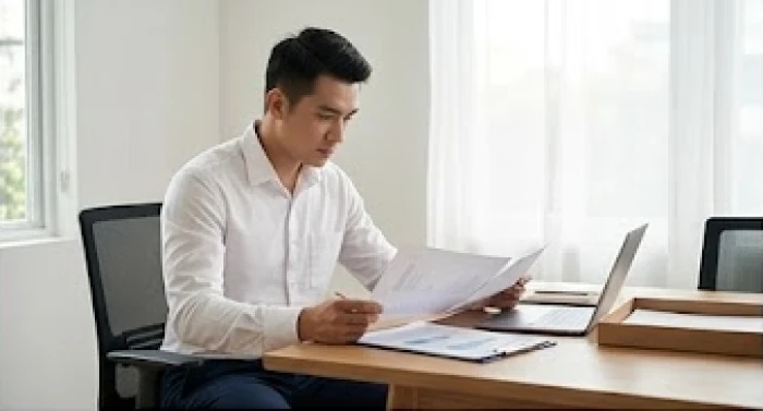 Chàng trai trẻ mặc áo sơ mi trắng đang tập trung phân tích hồ sơ trên bàn làm việc bằng gỗ sồi